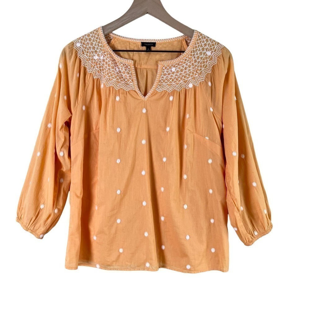 Talbots Embroidered Polka Dots Popover Top in‎ Orange Lightweight Cotton, Small